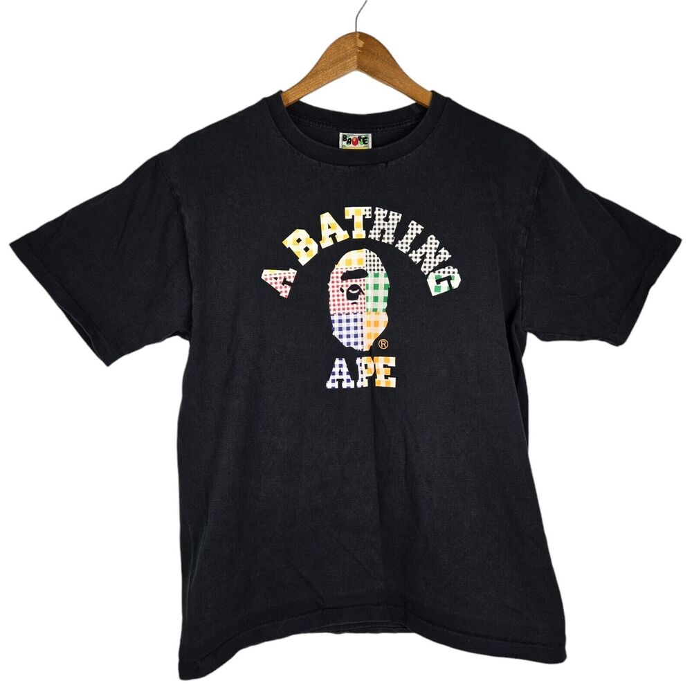 Bape A Bathing Ape Black Gingham Check College Tee T-Shirt Sz L